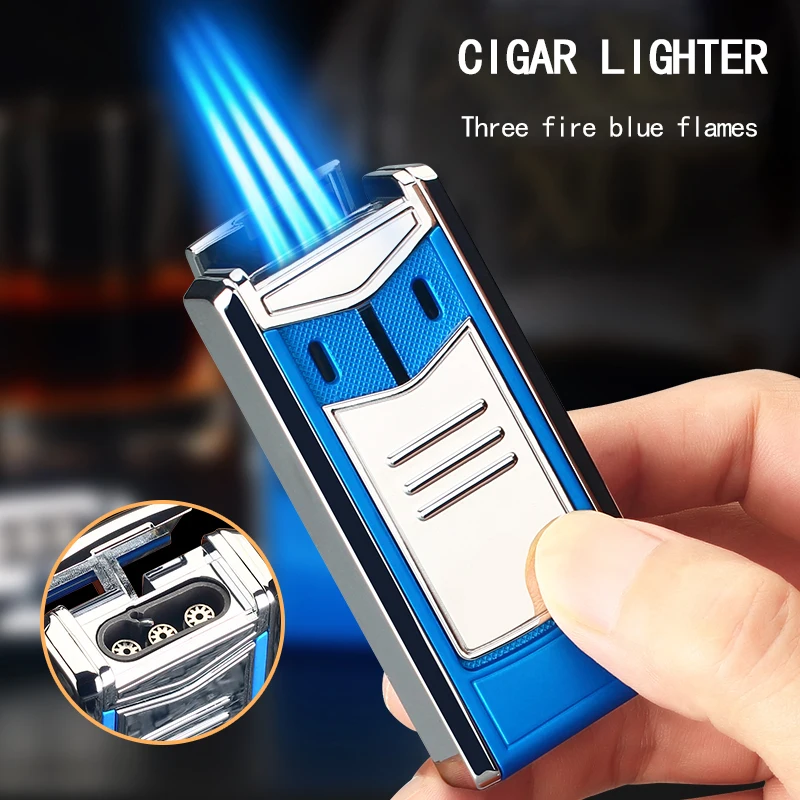 

Windproof Metal Cigar Gas Butane Triple Fire Lighter Powerful Blue Flame Fierce Refillable Cigarette Lighter Smoking Accessories