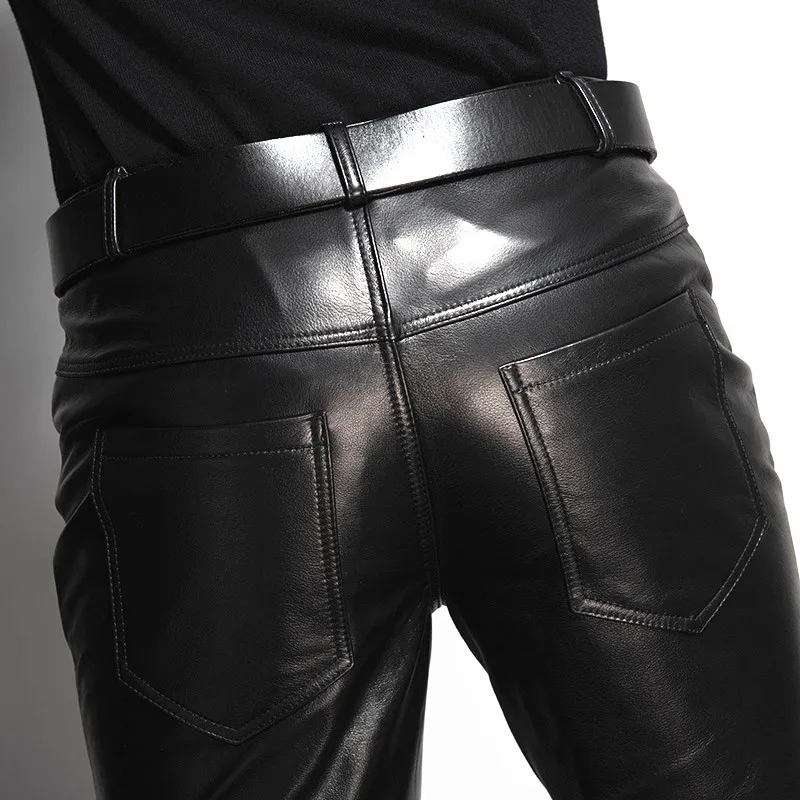 Мужские прямые байкерские брюки из натуральной коровьей кожи зауженные большого