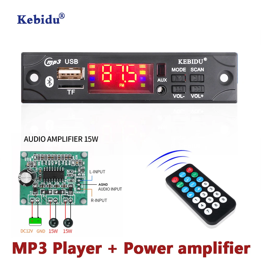 Kebidu 7V 12V mp3 player with Power amplifier bluetooth audio module Car Radio receiver Decoding Board Music with Remote Control