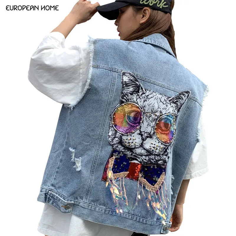 Женский джинсовый жилет летняя свободная однобортная куртка с рисунком кошки