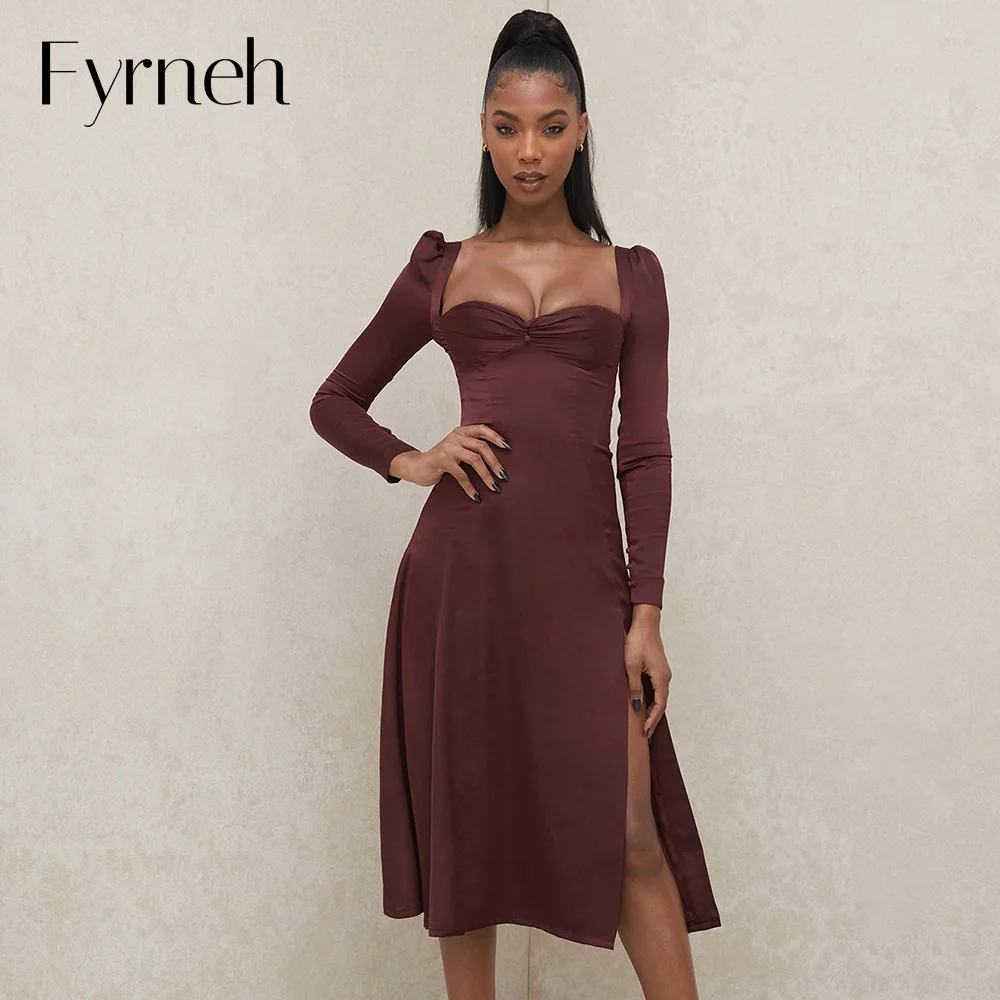 

Женское атласное платье с длинным рукавом, с разрезом