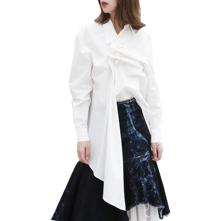 

2021 Spring and Summer New Women's Blouses Big Pearl Ruffled Shirt Women 2 Colors Button Up Shirt Ladies Tops Camisa