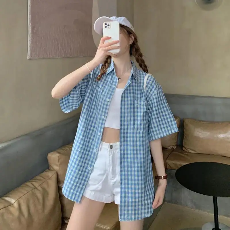 

Клетчатая рубашка в стиле оверсайз, летняя Удлиненная рубашка для девочек, женские корейские синие Топы в стиле панк, одежда в стиле Харадзю...