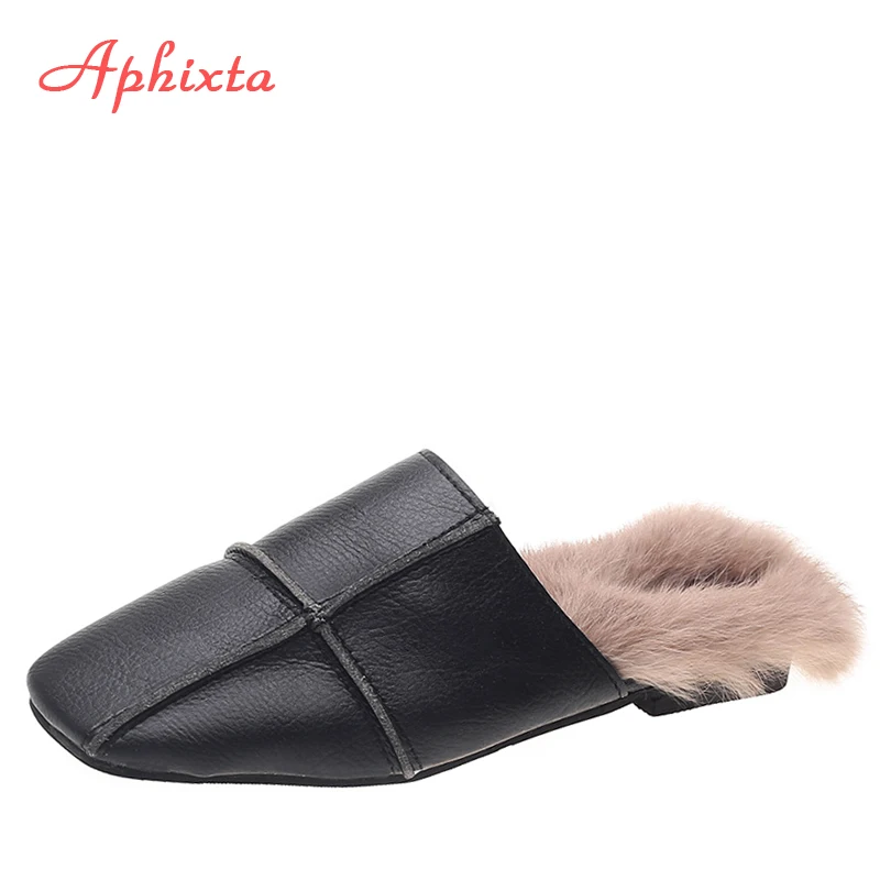Aphixta/зимние теплые женские шлепанцы с натуральным кроличьим мехом; женские пушистые тапочки; женские шлепанцы на плоской подошве с квадратным носком