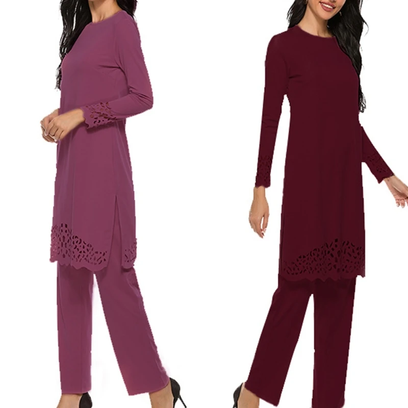 

Women Muslim 2 Pieces Outfit Hollow Out Split Long Sleeve Tunic Tops Pants Set Solid Color Abaya Dress Hijab Robe Kaftan