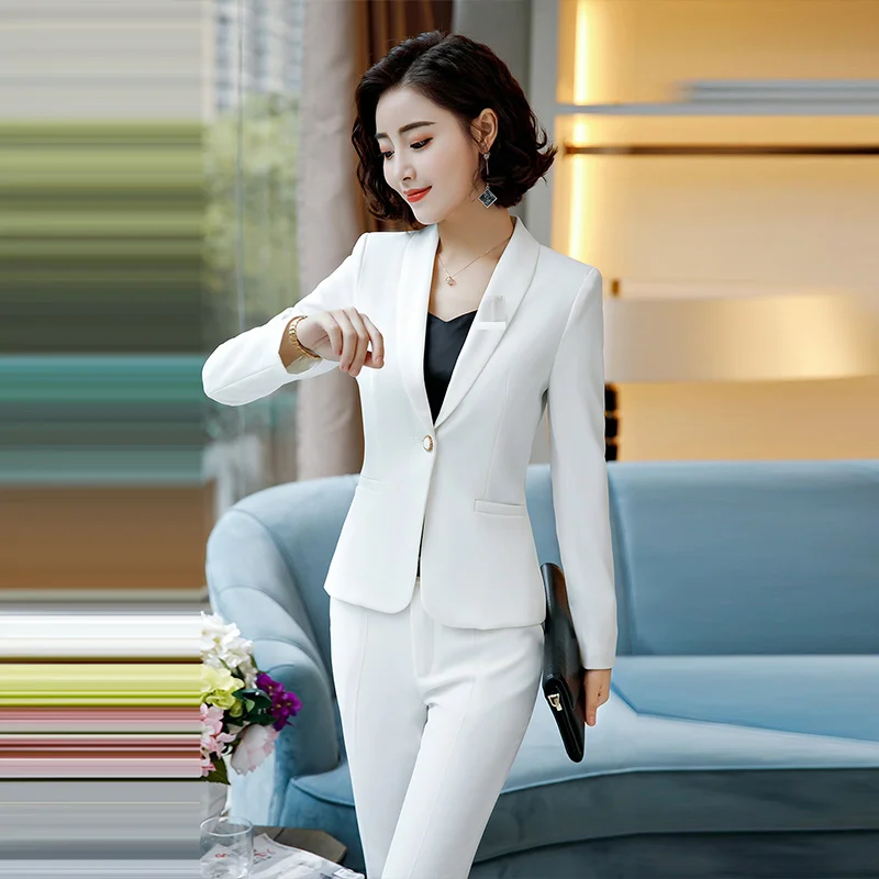 Весенний Деловой брючный костюм для офисных леди Униформа дизайн белого