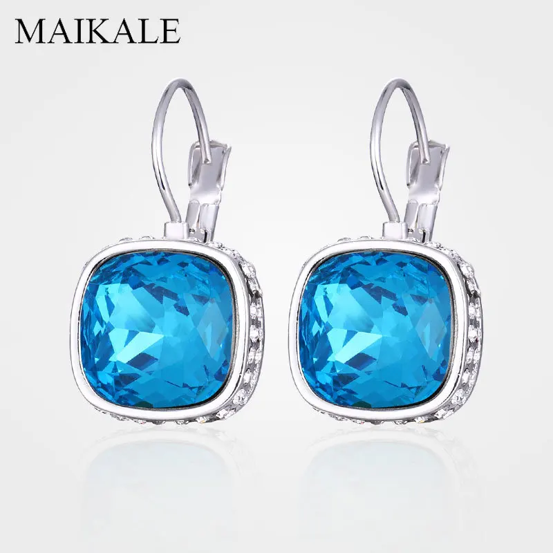 MAIKALE, классические, красные, синие, австрийские кристаллы, висячие серьги, сердце/квадратные стеклянные серебряные серьги для женщин, вечерние ювелирные изделия, женские подарки