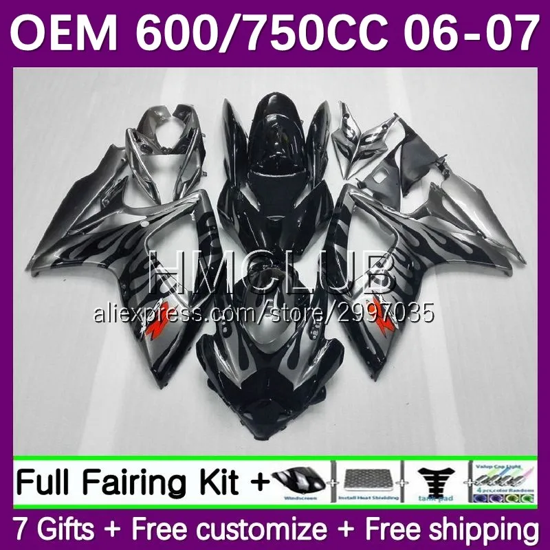 

Инъекция K6 для SUZUKI GSXR 600CC 600 750 CC GSXR750 13No.6 GSXR600 GSXR-600 2006 2007 GSXR-750 06 07 обтекатель OEM с черным пламенем