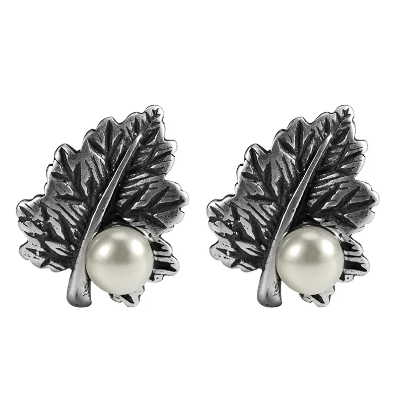 

RAINBOW HOOP 2021 New Trend Real 925 Sterling Silver Leaves Pearl Vintage For Women's Stud Earrings Fine Jewelry Gift