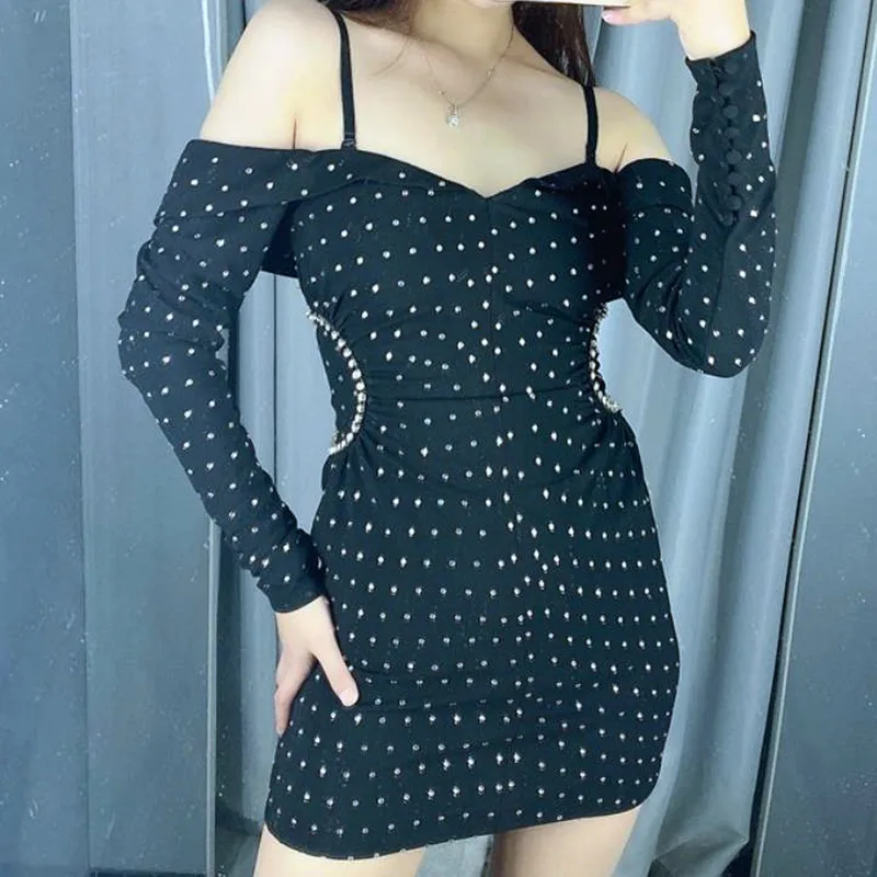 

Shiny Diamond Women Slip Dress Long Sleeve Slim Mini Dress
