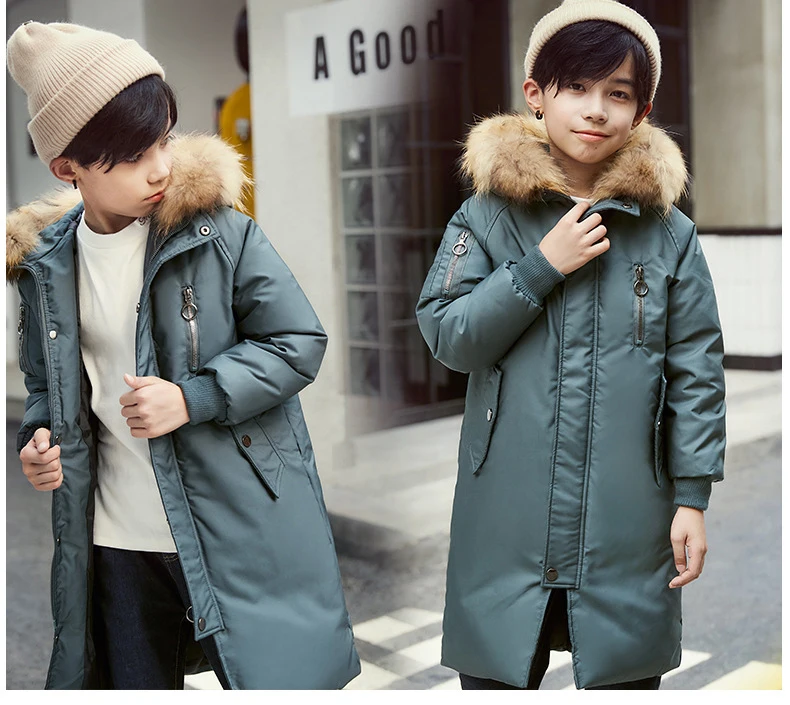 Dollplus/пальто для мальчиков зимняя детская куртка-пуховик длинное плотное зимнее пальто для мальчиков детские куртки на утином пуху для мальчиков, верхняя одежда с меховым воротником