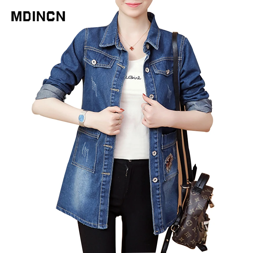MDINCN джинсовая куртка с вышивкой тонкая весенняя длинная рваная для женщин