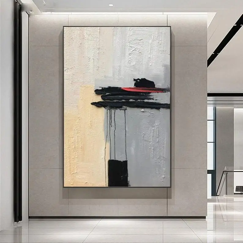 

Бежевая Минималистичная живопись, черно-белая минималистская искусство, большая оригинальная серая Абстрактная живопись для гостиной, Сов...