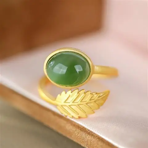 

Authentic Hetian Jade Ring Female S925 Silver Gilding Inlaid Gray Jade Temperament Ring Vintage Court Style Descendants of the R