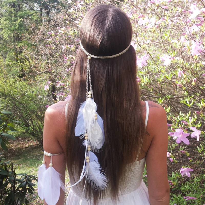 The Indian white Feather Headband Headdress Hair Rope Headwear Tribal Hippie Handmade Hair Accessories for Women 2021 New