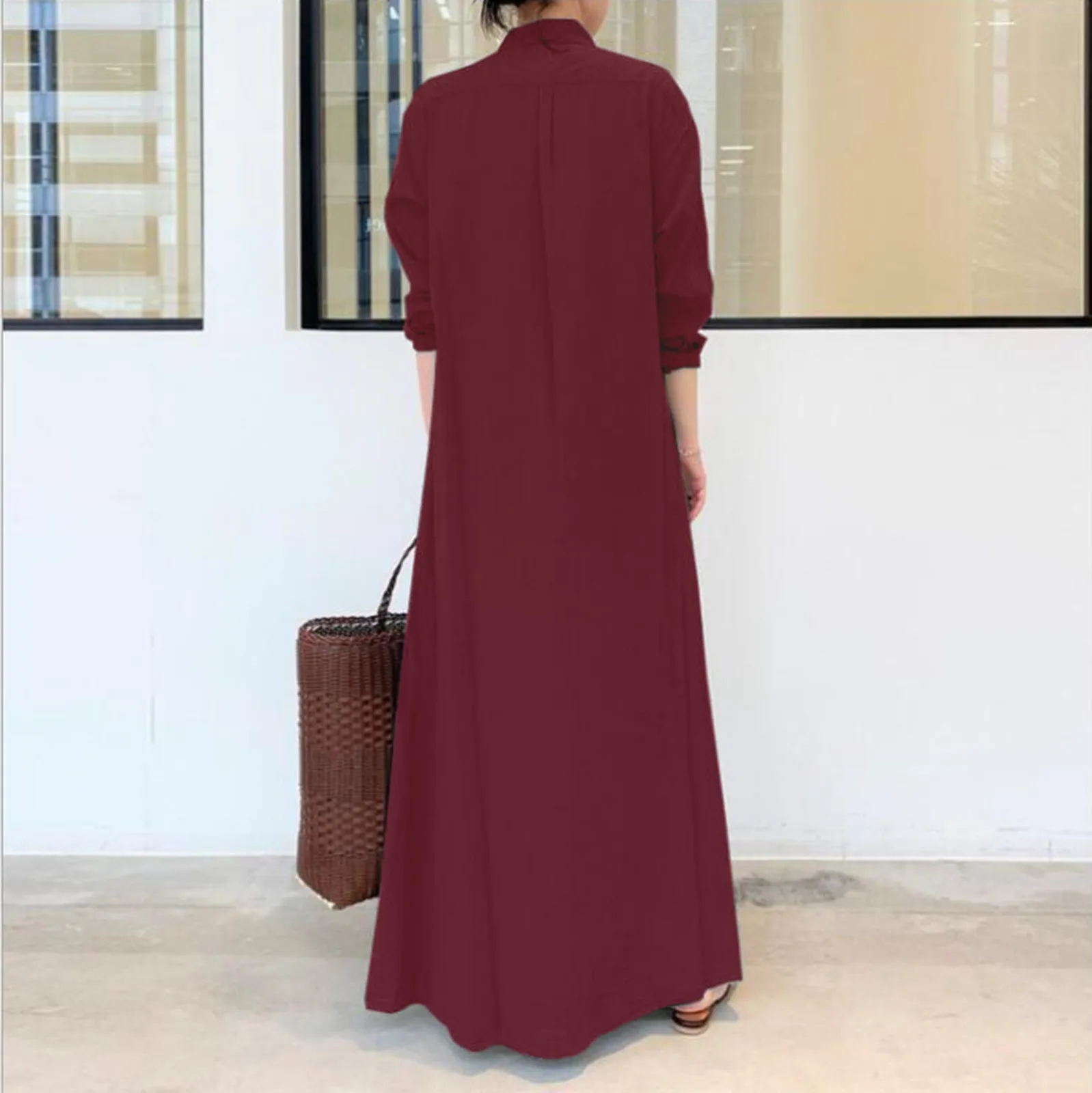 

Casual Linen Long Dress Women Autumn Solid Pockets Shirt Dress Buttons Evening Party Dresses Sundress Fashion Female Vestidos