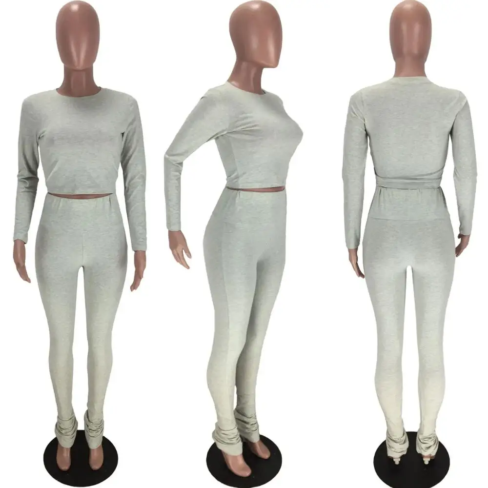 

Lounge wear Solid Tracksuit Women Fitness O Neck Long Sleeve Crop Top with Stacked Flare Pants Bodycon Two Piece Set Clothes