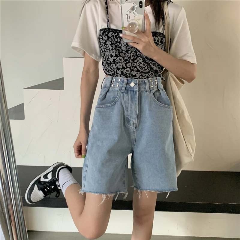 

2021 Summer Riding Jeans Capris Solid Curl Women Streetwear Femme Loose Denim Hot High Waist Sexy Fashion Wide Shorts Pants