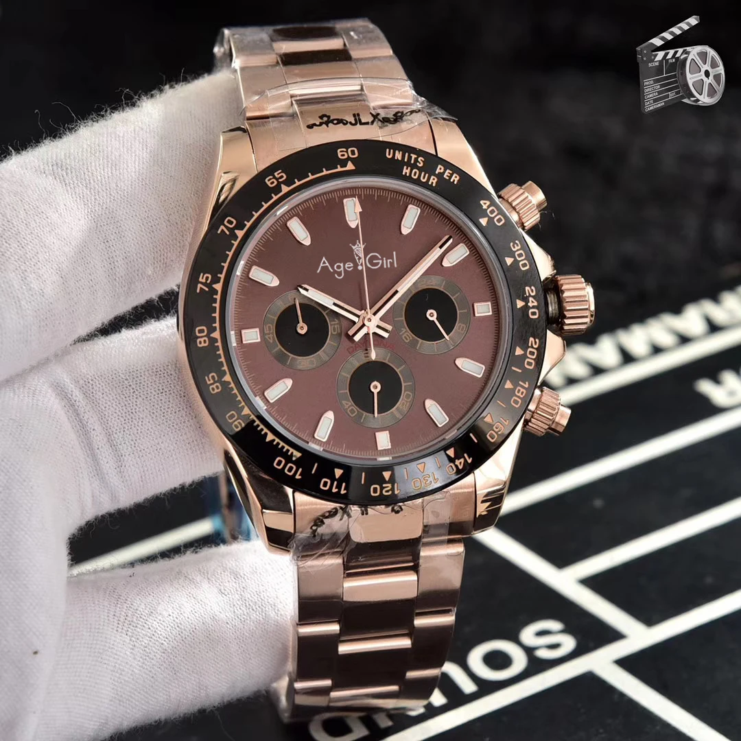 

Classic New Men Japanese Quartz Rose Gold Coffee Stainless Steel Watch Chronograph Sapphire Black Ceramic Baguette Limited