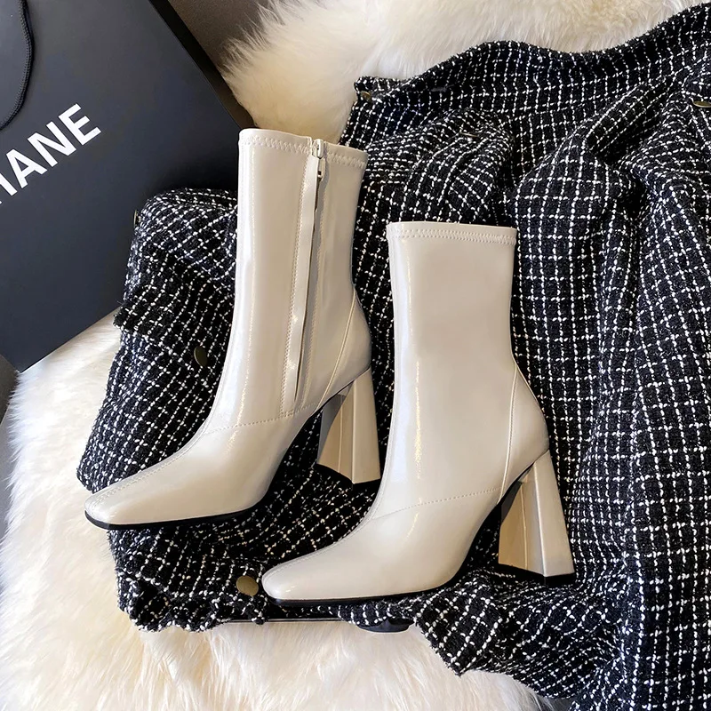 

New Patent Leather Chelsea Boots High Heel Square Toe Retro Booties Heels Ankel Boots for Women New Style Leather Boots Women