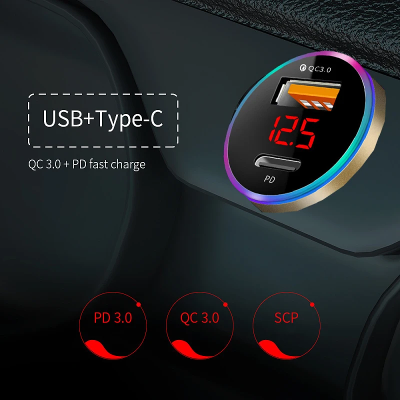 Блок для зарядки аккумулятора QC3.0 Dual Poet USB Type C автомобильное зарядное устройство