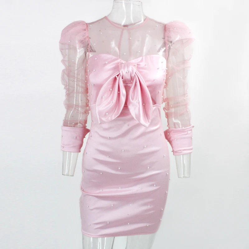 Женское кружевное платье с бусинами Fuedage розовое облегающее мини пышными
