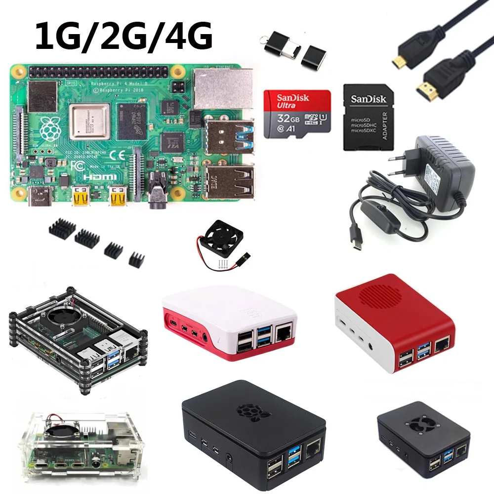 Raspberry Pi 4B стартовый комплект с Raspberry pi 4B 1G/2G/4G+ 32GB sd-карта+ ABS чехол+ 5V 3A мощность+ вентилятор+ радиатор+ HDMI