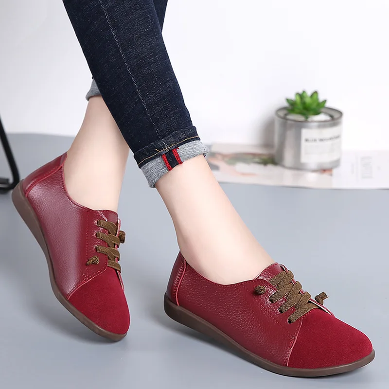 Women Sneakers Genuine Leather Flats Shoes Woman Fashion Loafers Mixed Color Slip-on Lace-Up Casual Ladies Shoes Plus Size 35-43