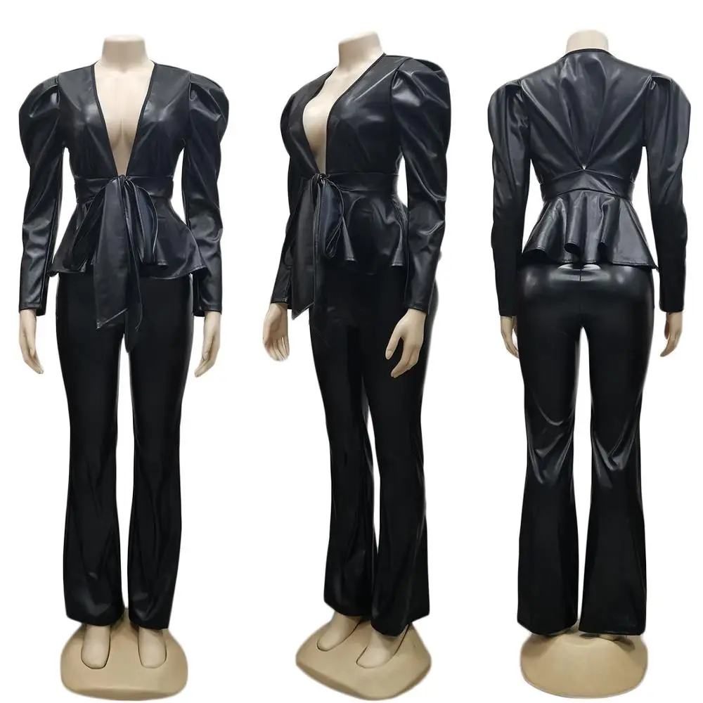 

sexy bodycon 2 Pieces Faux Leather Two Piece Set women autumn long sleeve Lace-up Top and Pants fashion Outdoor Wear Outfits