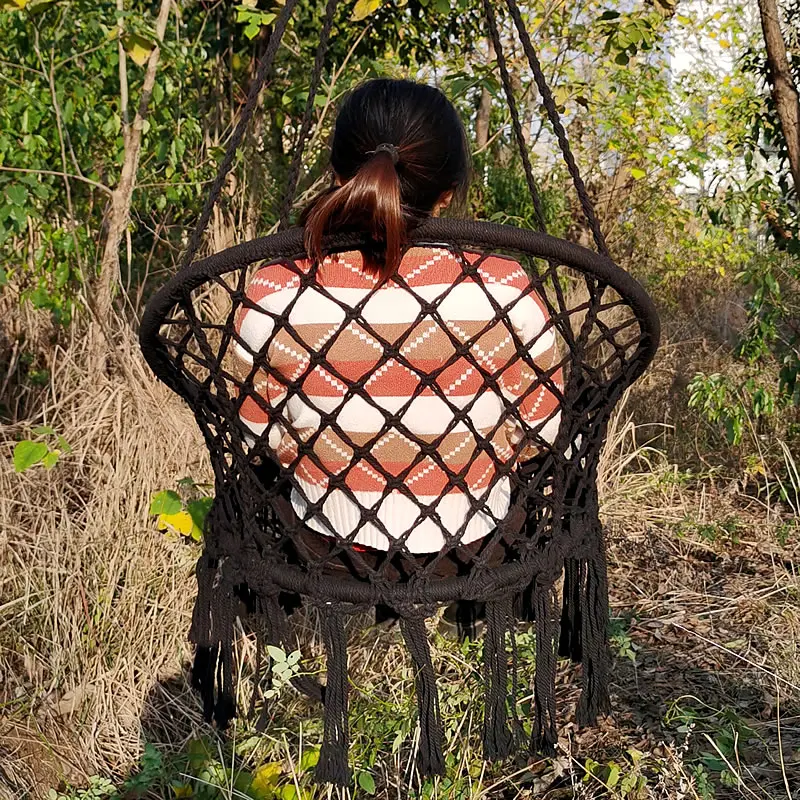 

Подвесное кресло-гамак, плетеный хлопковый качели на веревке, с боковой сумкой для хранения, для дома и улицы, внутреннего дворика, сада (чер...