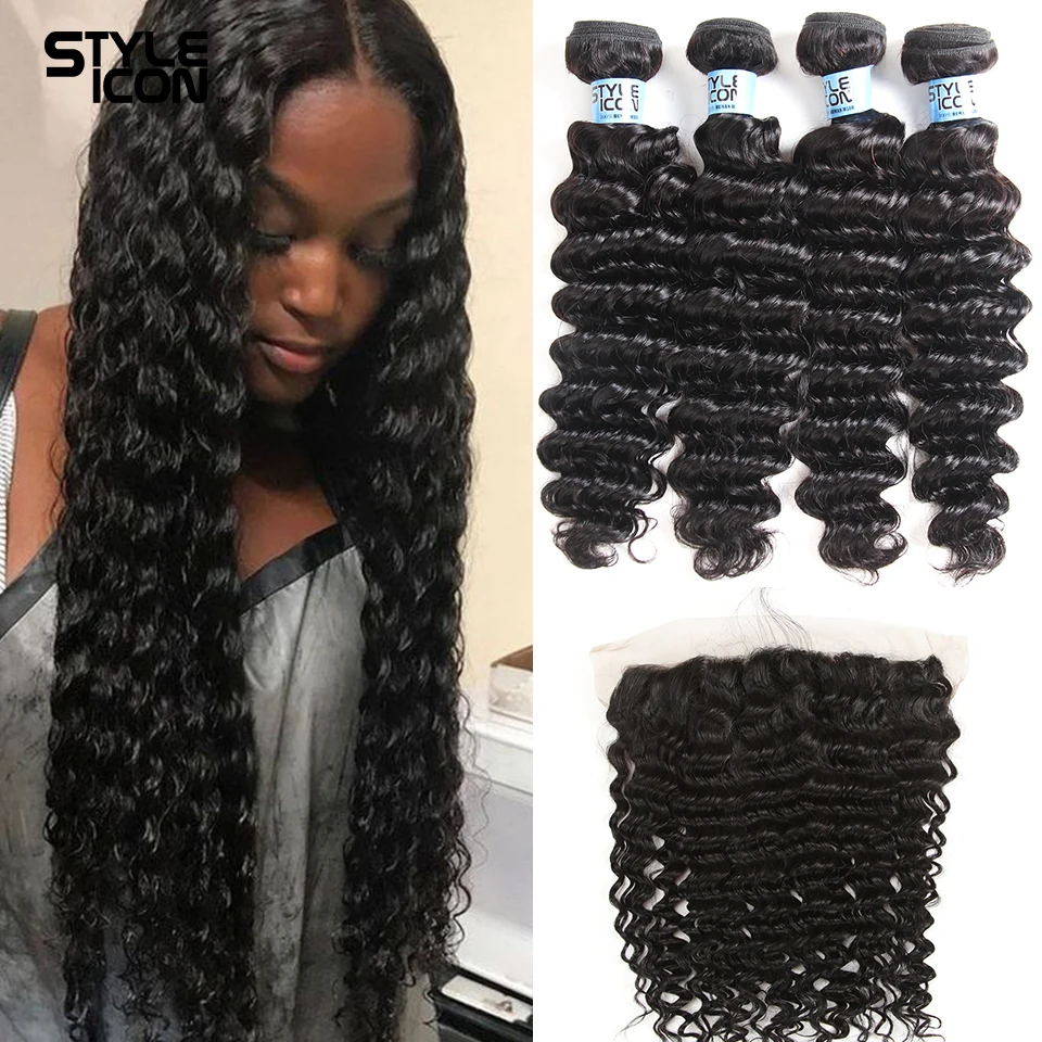 3 Bundles Deep Wave Bundles with Frontal Brazilian Deep Wave With Ear To Ear Lace  Frontal Hair Weaves  Human Hair with Closure