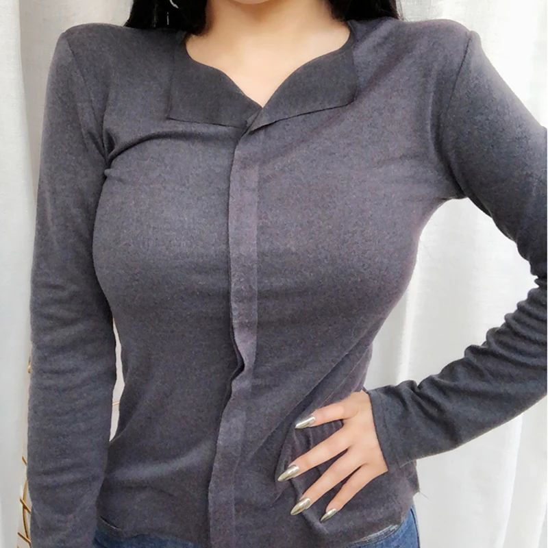 

Сексуальная тенниска с треугольным вырезом Женская футболка 2021 Осенняя футболка Женские топы корейский длинный рукав Vetement Femme Ropa Mujer Kawaii од...