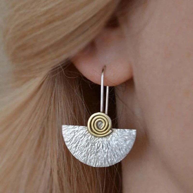 

Tribal Golden Spiral Half Circle Drop Earrings For Women Gypsy Jewelry Two Tone Metal Silver Color Tree Bark Fan Shaped Earring