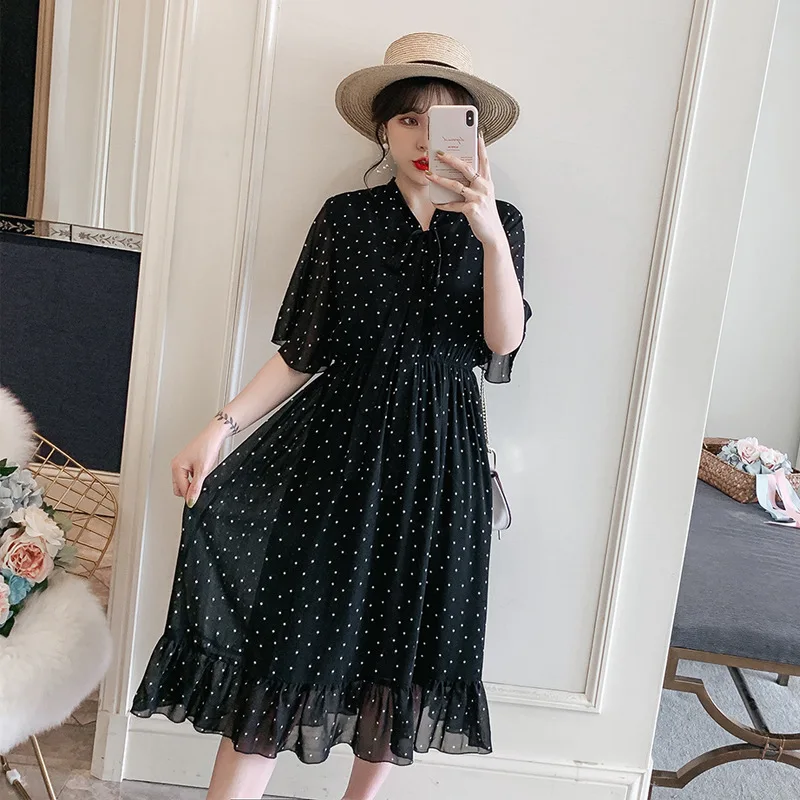 

5XL Black 2020 summer pregnant women chiffon printeddress O-neck Short Sleeve postpartum maternity Slim dress