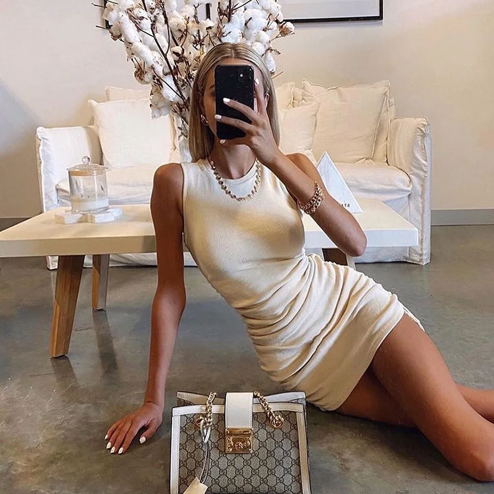 

Ribbed Mini Dress Women Off Shoulder Sexy Party O Neck Drawstring Knit Club Tank Bodycon Short Women's Summer Dresses Dress Red