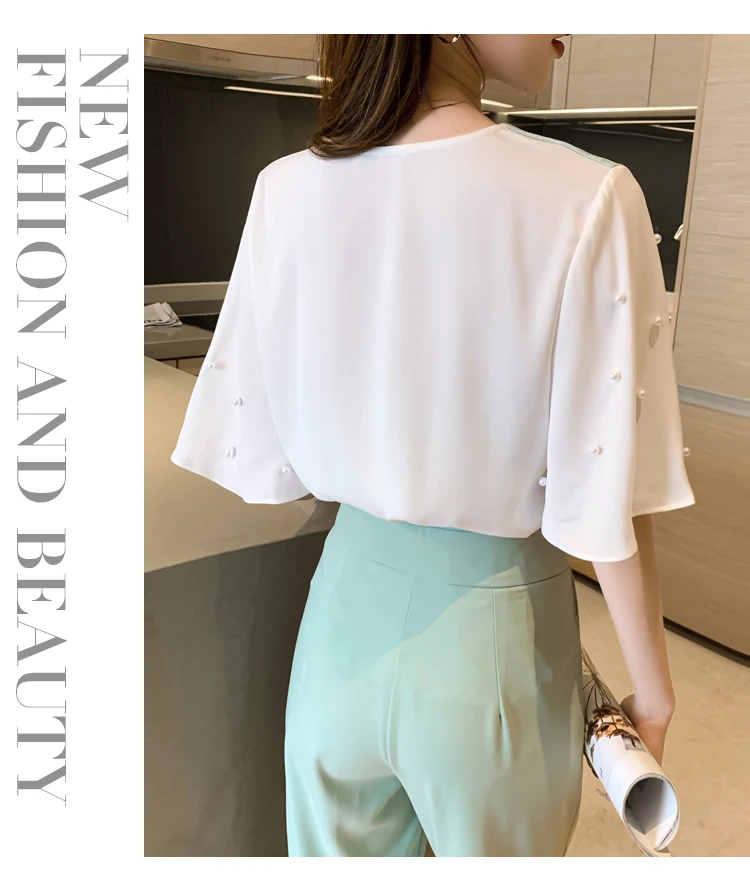 

Houthion Women's Blouse Chiffon Top Short Sleeve V-neck Shirt Stitching Ship Immediately Korean Casual Fashion New Pure Color