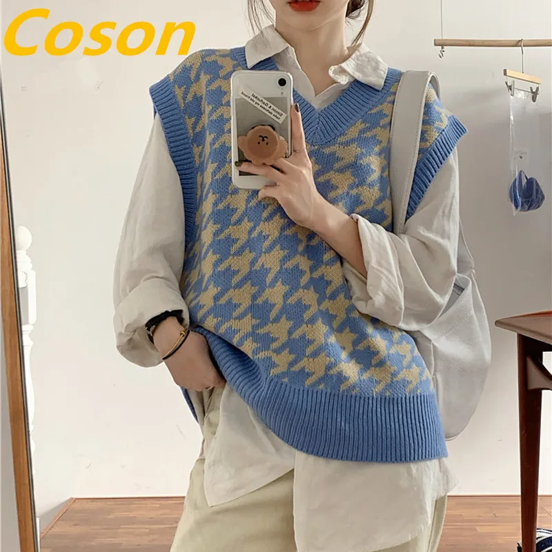 

COSON Woman Sweaters Knitted Houndstooth Pull Sweater Vest Sleeveless Fall 2020 Women Kobieta Swetry Sweter Damski Vrouw Truien