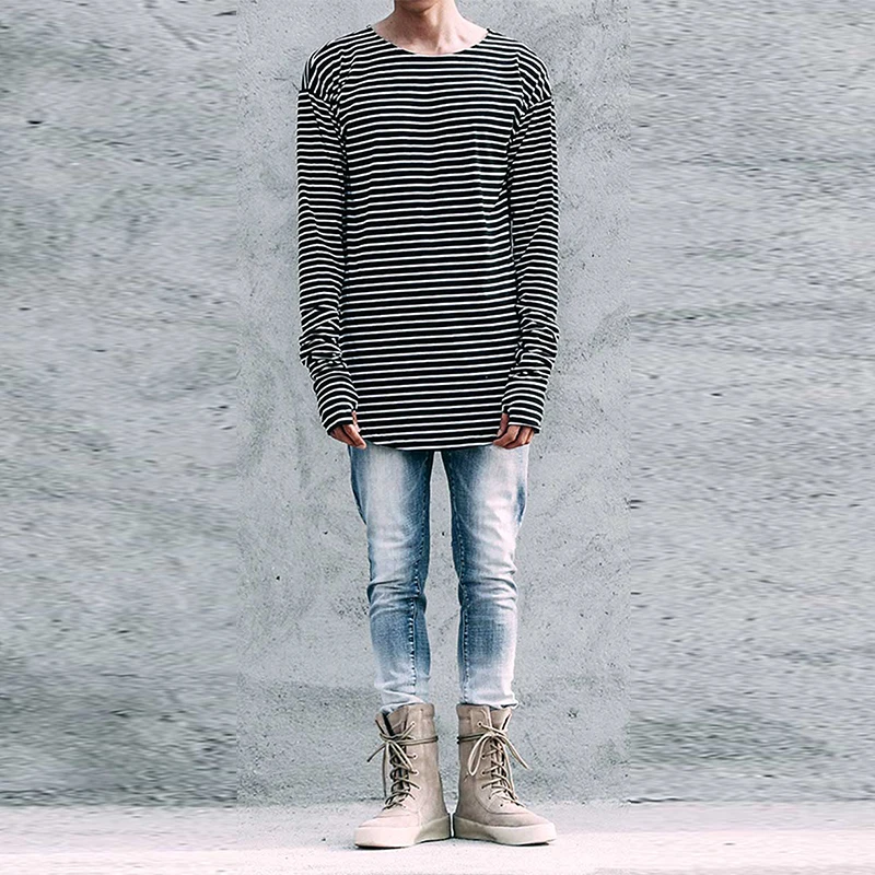 Футболка мужская хлопковая в полоску длинная свободная рубашка с круглым