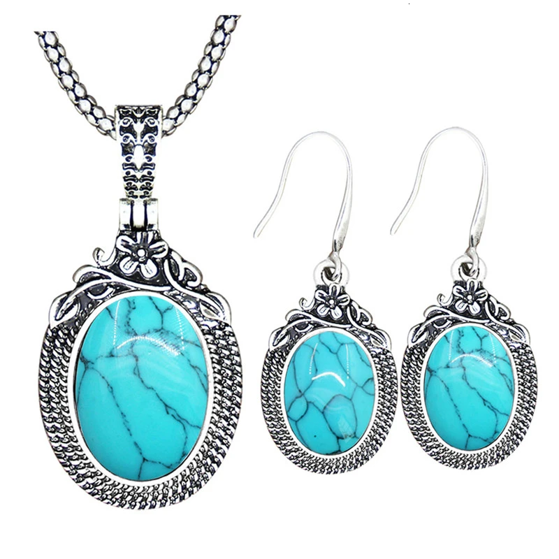 Blue Turquoise Винтажный комплект из ожерелья и сережек с аметистом, винтажный комплект из натурального камня, кварца, Модный женский комплект TS574 - Окраска металла: Blue Turquoise