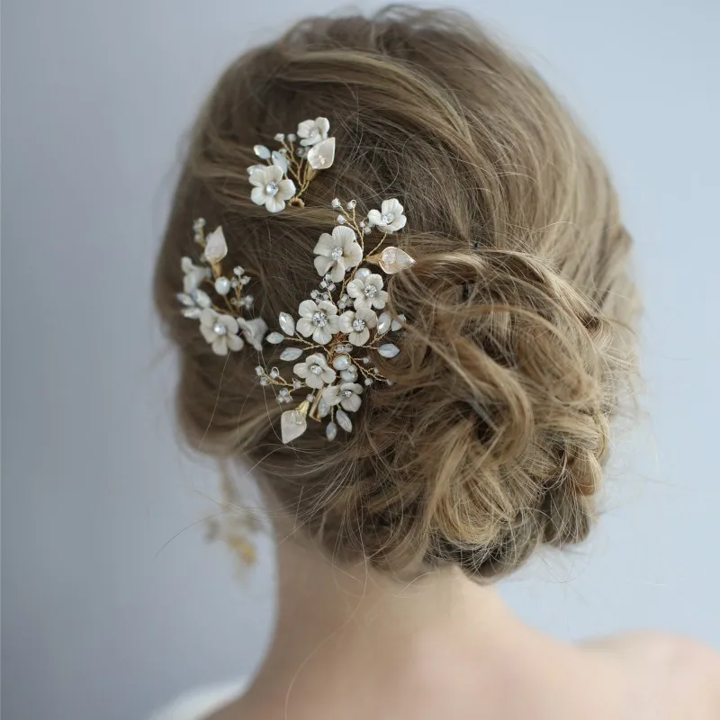 

NPASON 2021 New Bridal Flower Hair Clip Gold Wedding Hair Accessories Headpieces for Brides Wedding