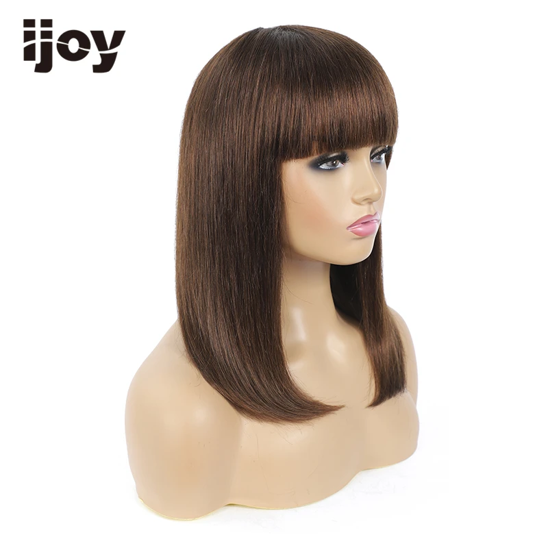Парик из натуральных волос с челкой прямой парик Боб окрашенные темно-каштановые