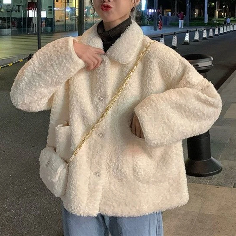 

2021 winter clothing coat female warm velvet soft button jacket sweet coat ladies plush coat pocket casual outerwear