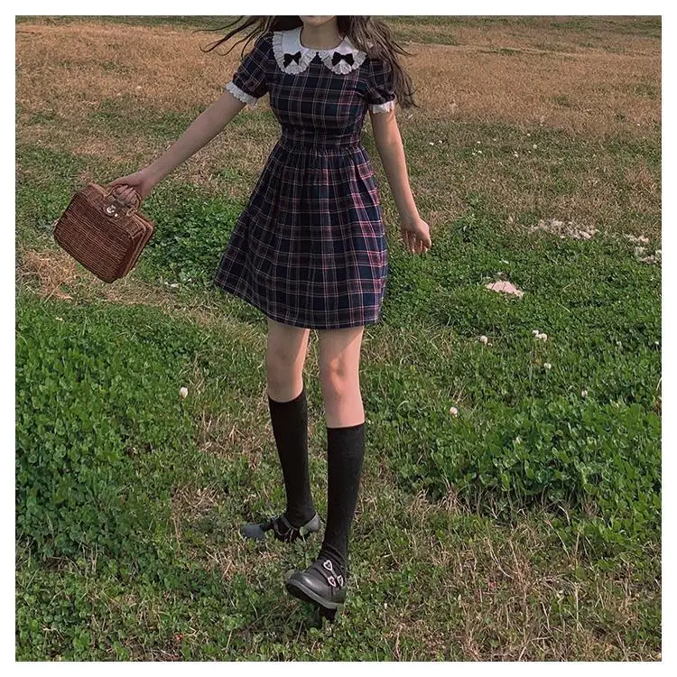 

MAGOGO Women Doll Collar College Style Grid Retro Dress Short Sleeve Girl New Fashion Mini Dress