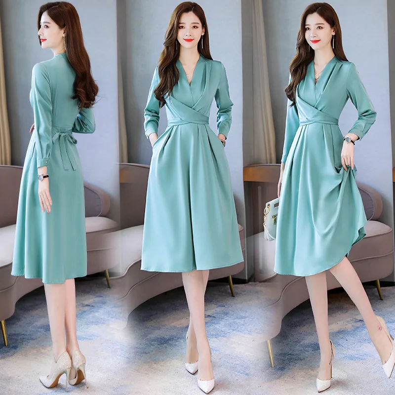 Элегантное женское платье 2021 осенние платья с длинным рукавом и V образным