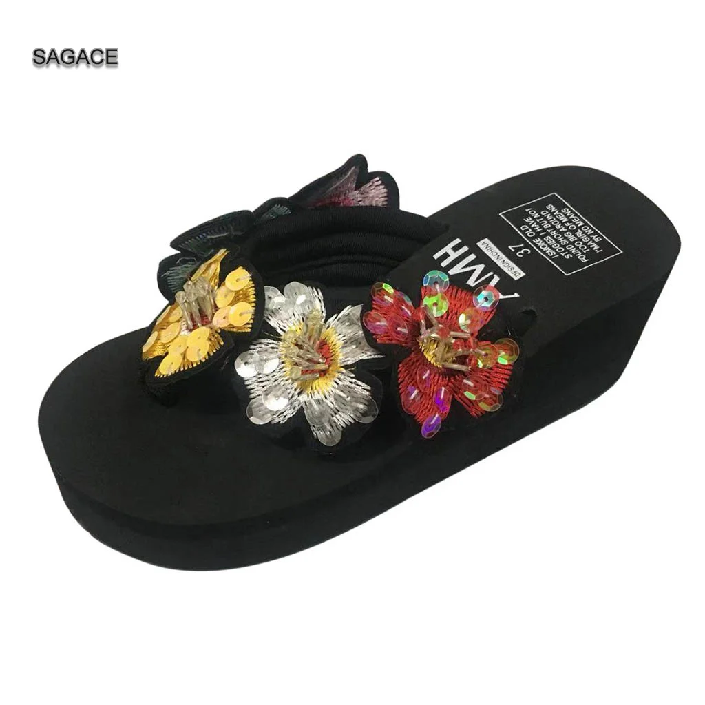 

SAGACE Women Girls Bling Floral Wedges Flip Flops Sandals Slippers Shoes Female Sandalias Mujer 2020 Ladies Beach Sandals