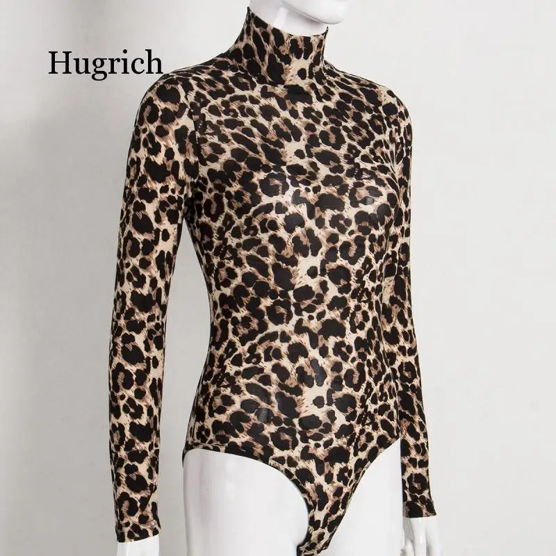 

2021 Women Leopard Bodysuit Tops Autumn Turtleneck Long Sleeve Skinny Jumpsuits Ladies Sexy Club Wear