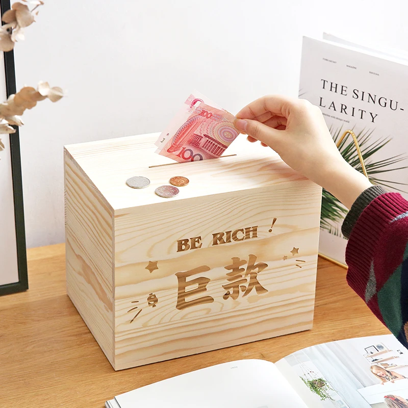 Creative Wooden Money Box Large Fashion Savings Tank Deposit Metal Coin Wallet Hucha Cuentamonedas Euros Boxes Wood NN50PB | Дом и сад