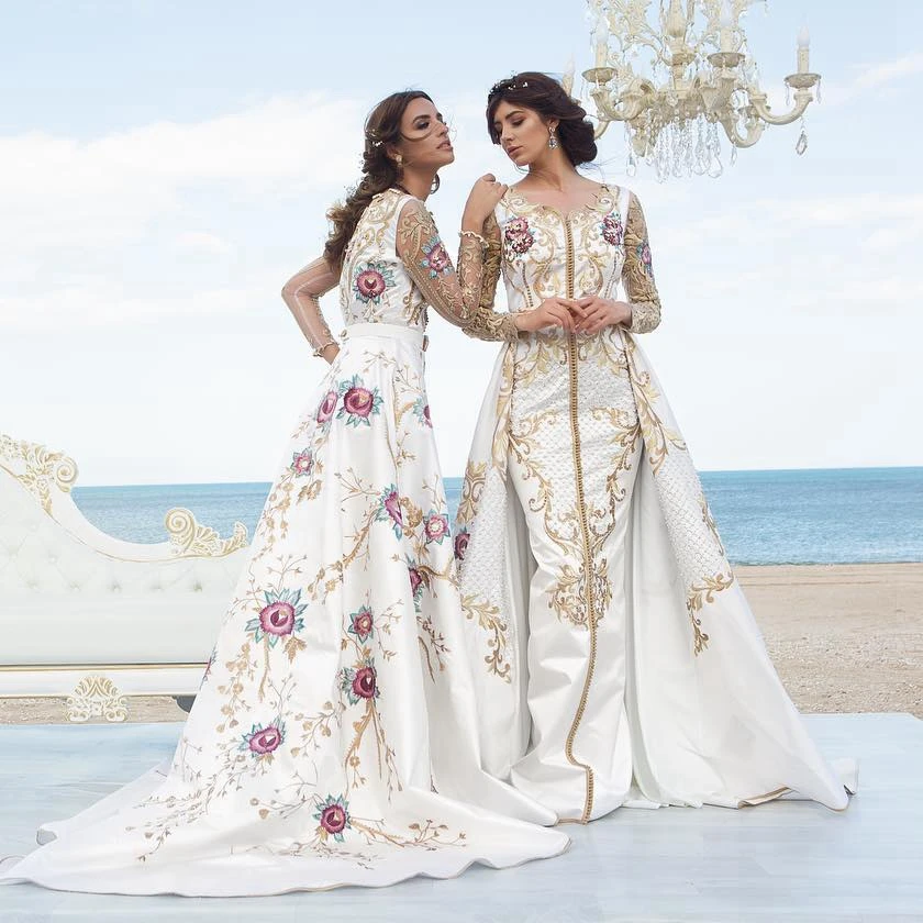 

Beads Embroidery Mermaid Moroccan Kaftan Muslim Evening Dresses With Detachable Train White Satin Saudi Arabic Dubai Prom Gown