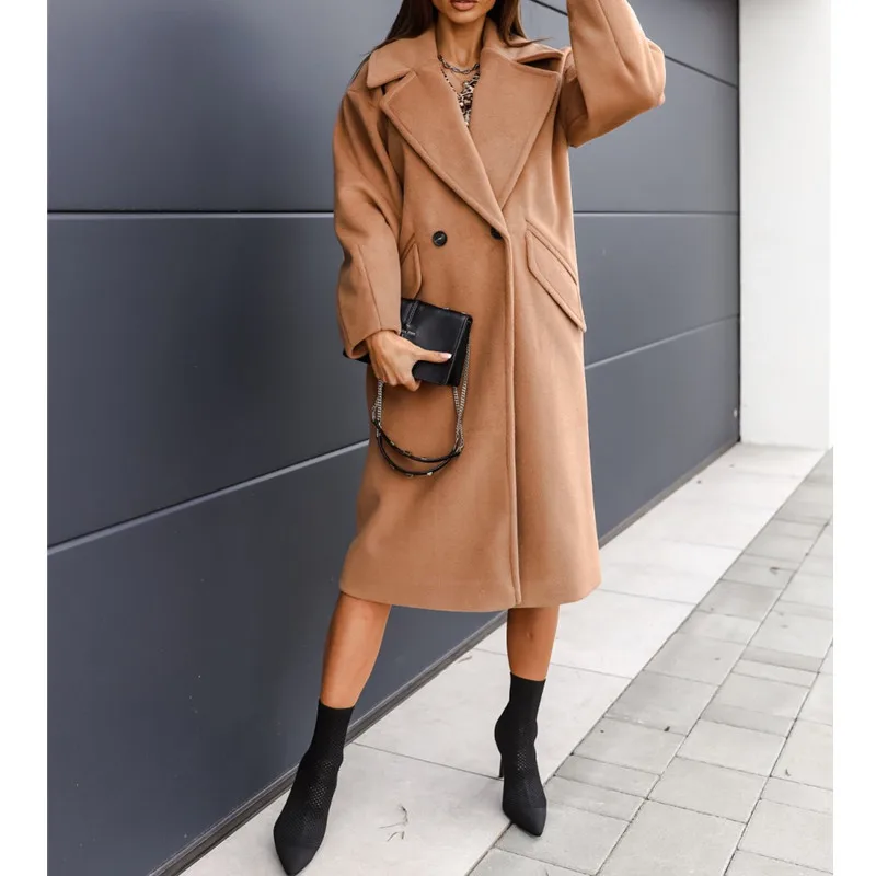 

Autumn Winter Warm Woolen Long Coat Woman 2021 Casual Wool Coat Blends Jackets For Women Overcoat Femme