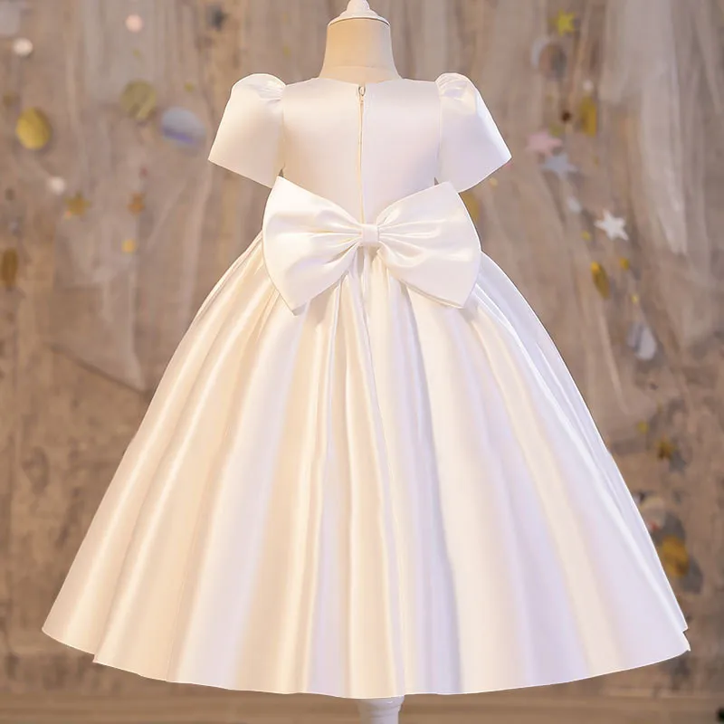 

Flower Girl Wedding Party Long Dress Elegant Lace Big Bow Girls Solid Color Retro School Graduation Party Formal Dress